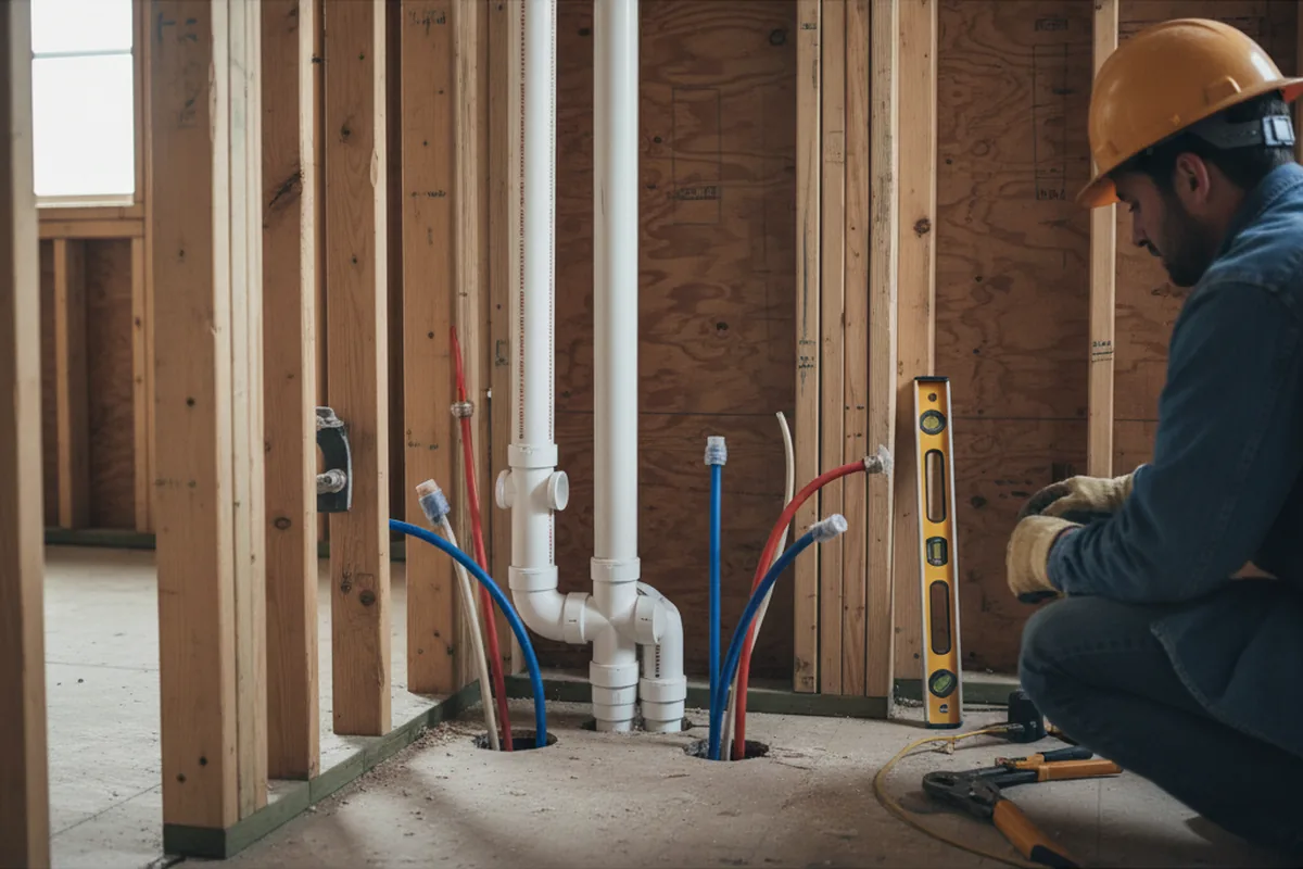 Drain and supply rough-in during Sump Pump Repair in Lenni