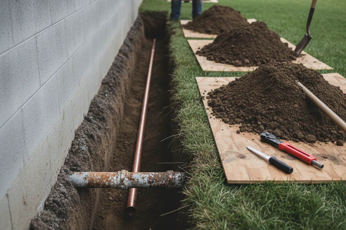 Excavated water line trench during Water Heater Repair in Lenni